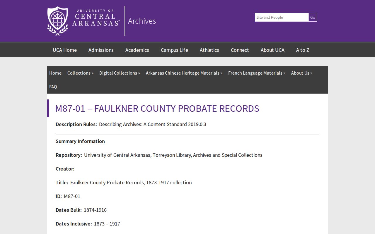 UCA Archives Faulkner County probate records collection for Conway former residents