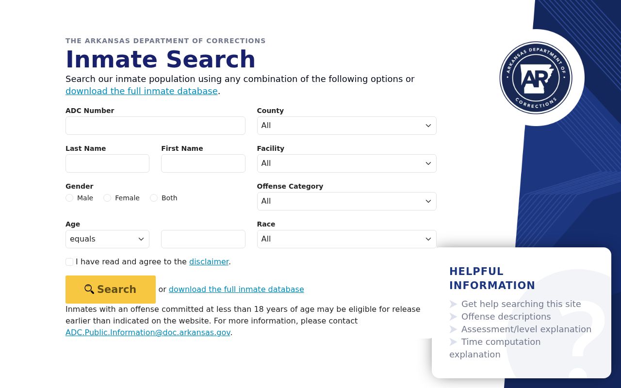 Conway resident lookup using the Arkansas inmate search