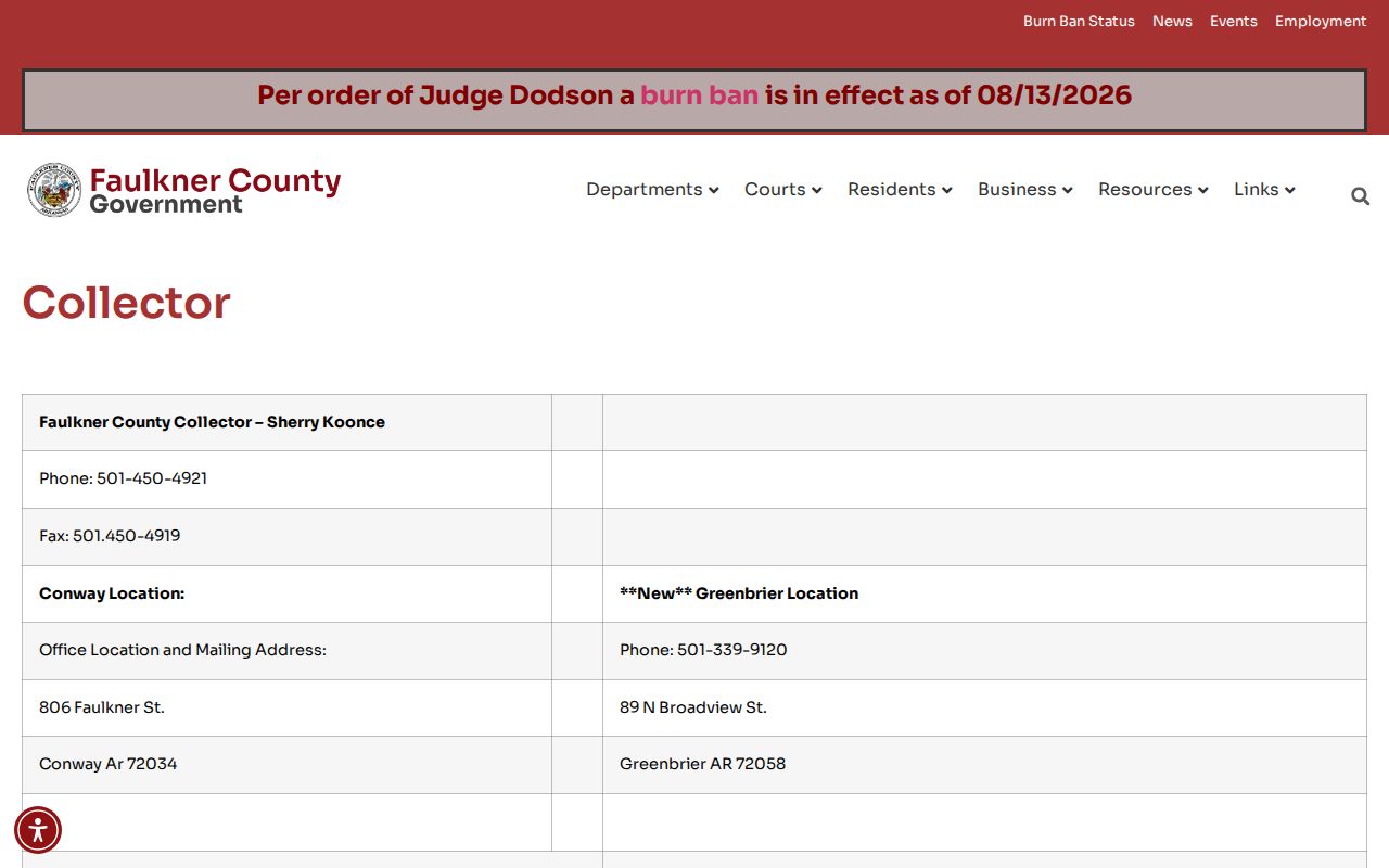 Faulkner County Collector page for Conway property tax account access